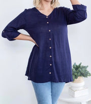 Willow Tree - Plain Button V-Neck Roll Sleeve Top
