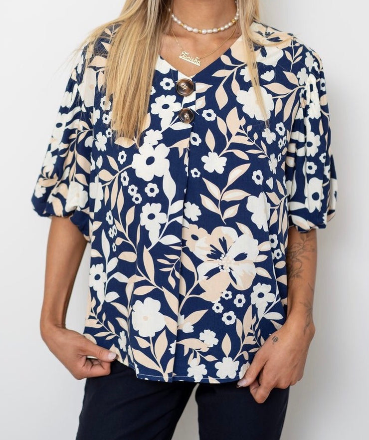 Willow Tree - Floral Print Button Detail Top