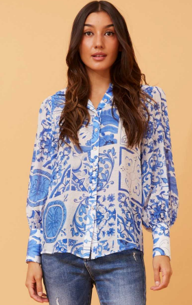 Caroline Morgan - LONG SLEEVE BLUE PRINT SHIRT