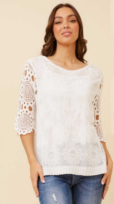 Caroline Morgan - 3/4 LACE SLEEVE EMBROIDERY PATTERN TOP