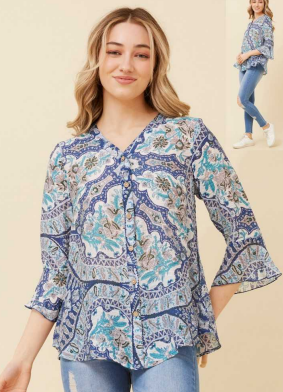 Caroline Morgan - 3/4 FRILL SLEEVE PRINTED V-NECK BLOUSE