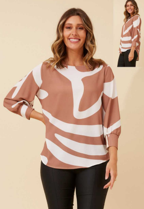 Caroline Morgan - BEIGE & CREAM ROUND NECK BLOUSE