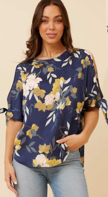 Caroline Morgan - COLD SHOULDER TIE SLEEVE FLORAL BLOUSE