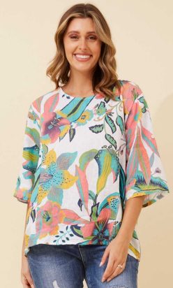 Bottega Moda - ROLL UP SLEEVE LINEN FLORAL PRINT TOP