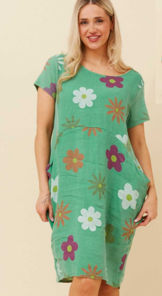 Bottega Moda - SHORT SLEEVE LINEN FLOWER PRINT DRESS