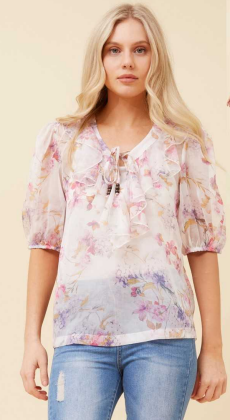 Caroline Morgan - FLORAL PRINT BLOUSE WITH FRILL & FRONT TIE