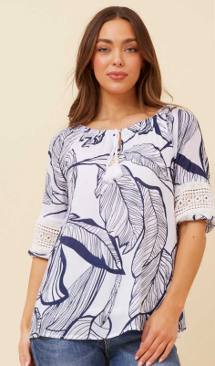 Caroline Morgan - LEAF PRINT PEASANT TOP WITH LACE TRIM