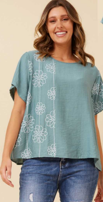 Caroline Morgan - SAGE COLOUR WITH WHITE FLOWER PRINT TOP