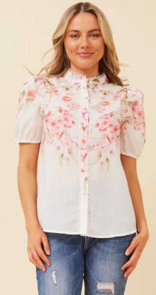 Caroline Morgan - SHORT PUFF SLEEVE FLORAL PRINT TOP