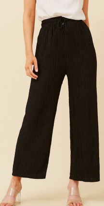 Caroline Morgan - BLACK TEXTURED WIDE LEG PANT WITH SHIRRED WAISTBAND