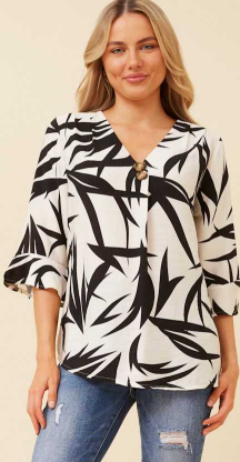 Caroline Morgan - 3/4 FRILL SLEEVE BLACK & WHITE PRINT TOP