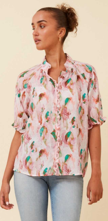 Caroline Morgan - SHORT PUFF SLEEVE PRINTED BLOUSE WITH HIGH NECK