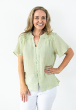 Jolie Saule - SAGE GREEN COTTON PLEAT S/S BLOUSE