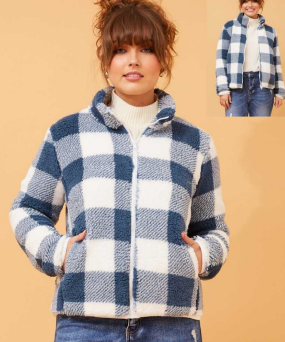 Caroline Morgan - TEDDY FUR  INDIGO & WHITE CHECK JACKET