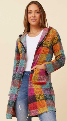 Caroline Morgan - MULTI-COLOUR LONG COAT WITH HOOD