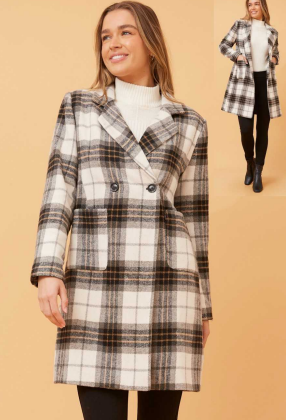 Caroline Morgan - DOUBLE BREASTED CHECK COAT WITH PATCH POCKETS