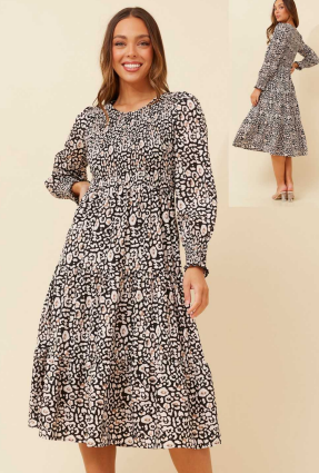 Caroline Morgan - LONG SLEEVE TIERED MIDI DRESS WITH SHIRRED BODICE