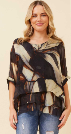 BOTTEGA MODA - 3/4 SLEEVE MULTI-BLACK TIERED SILK BLEND BLOUSE