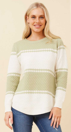 Caroline Morgan - STRIPED IVORY & MOSS GREEN PULLOVER