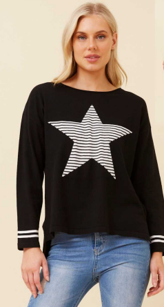 Caroline Morgan - BLACK LONG SLEEVE STAR PULLOVER
