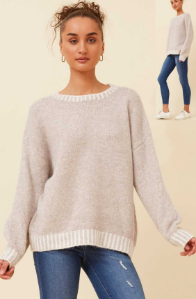 Caroline Morgan -   CONTRAST RIBBED NECK  CUFFS  & HEMLINE PULLOVER