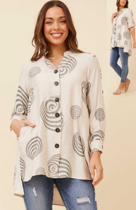 Caroline Morgan - LONG SLEEVE LONG LINE SWIRL PATTERN SHIRT