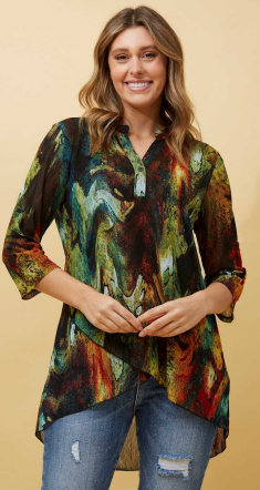 Caroline Morgan - Multi Red Pattern Long Back Tiered Shirt