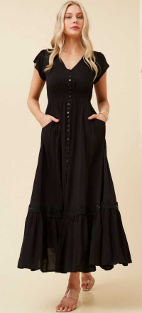Caroline Morgan - BLACK V-NECK BUTTON FRONT MIDI DRESS