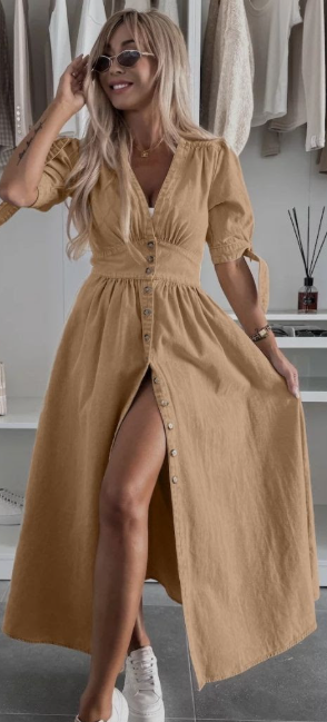 Mutig Fashion - DENIM V-NECK MIDI DRESS