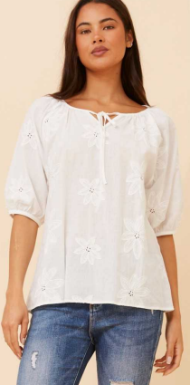 Caroline Morgan - WHITE COTTON TOP WITH EMBOSSED FLOWERS