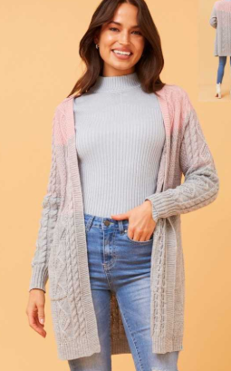 Caroline Morgan - CABLE KNIT BLOCK COLOUR CARDIGAN