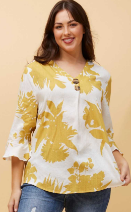 Caroline Morgan - Leaf Print Button Detail Top