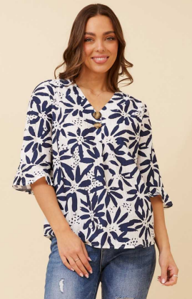 Caroline Morgan - 3/4 FRILL SLEEVE FLORAL PRINT TOP