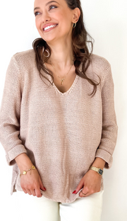 Fria - ROLL CUFF SLEEVE COTTON KNIT TOP