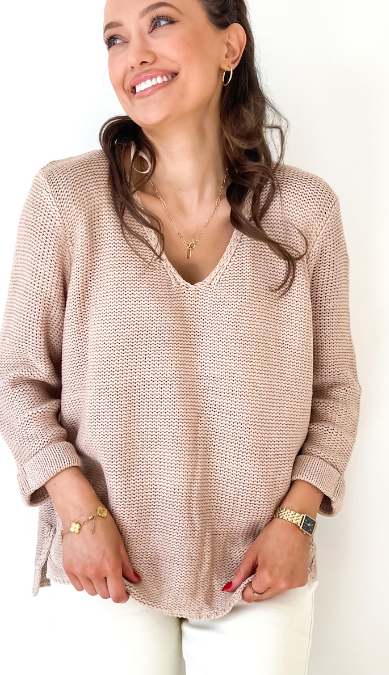 Fria - ROLL CUFF SLEEVE COTTON KNIT TOP